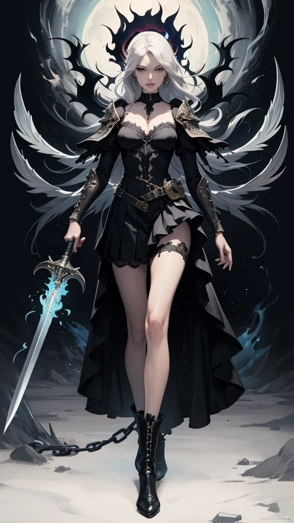 ((Finest quality)),(超A high resolution),(ultra-detailliert),(Meticulous portrayal),((Best Anime)),(Finest works of art),(Ultra-Precision Art),(The art of astounding depiction,Overwhelming depiction:1.5),(intricate and detailed art:1.6), (adult woman:1.5),(Hanging:1.6),Staring at this:1.4,sneering:1.5,(Armor shaped like a skeleton:1.3), (Black Flame:1.5), terrifying, nightmarish, cosmic horror, a heavenly female knight, biblical, very skinny, detailed, best quality, prominent collarbones, skinny arms, flat stomach, visible hip bones, dynamic poses, full body, red and white clothing, occult aesthetic, occult, detailed and intricate steampunk and detailed gothic, Fluttering lace flared long knee length dress with frilly petticoats, knee length dress, pleated petticoats, petticoats gothic, complex lace boots, gothic aesthetic, wielding a mighty sword with mechanical components, mandalas, full body, whole body, body, chains,