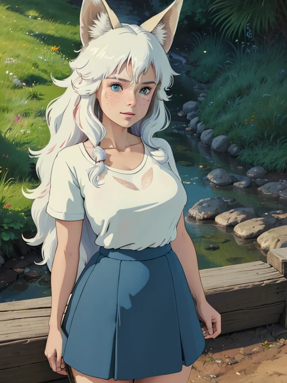 (best quality,4k,8k,highres,masterpiece:1.2), ultra-detailed, realistic:1.37, young solo girl, detailed blue eyes, fox ears,fox tail, freckles,large breasts, cute, white hair, long wavy hair, portrait, vibrant colors, soft lighting, in a park, wearing a chicken top and a skirt