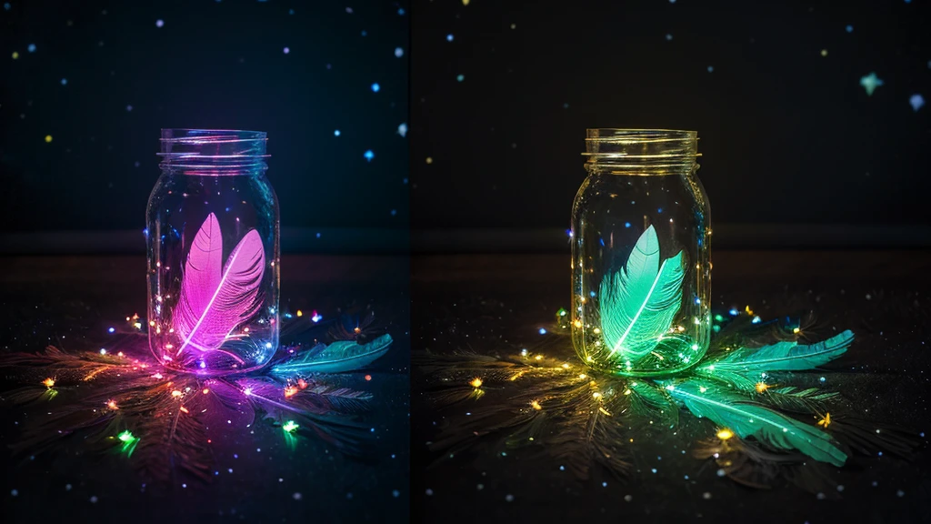 Create an image featuring a transparent jar against a starry night background. Inside and around the jar, include vibrant, glowing feathers with a neon effect that stand out against the dark backdrop. The feathers should appear both inside and outside the jar, with some floating as if caught in a gentle breeze. Add subtle light particles to give the impression of a mystical or magical atmosphere.