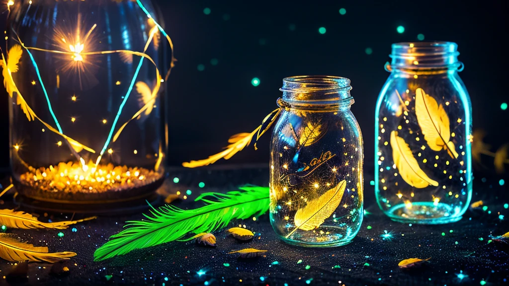 Create an image featuring a transparent jar against a starry night background. Inside and around the jar, include vibrant, glowing feathers with a neon effect that stand out against the dark backdrop. The feathers should appear both inside and outside the jar, with some floating as if caught in a gentle breeze. Add subtle light particles to give the impression of a mystical or magical atmosphere.