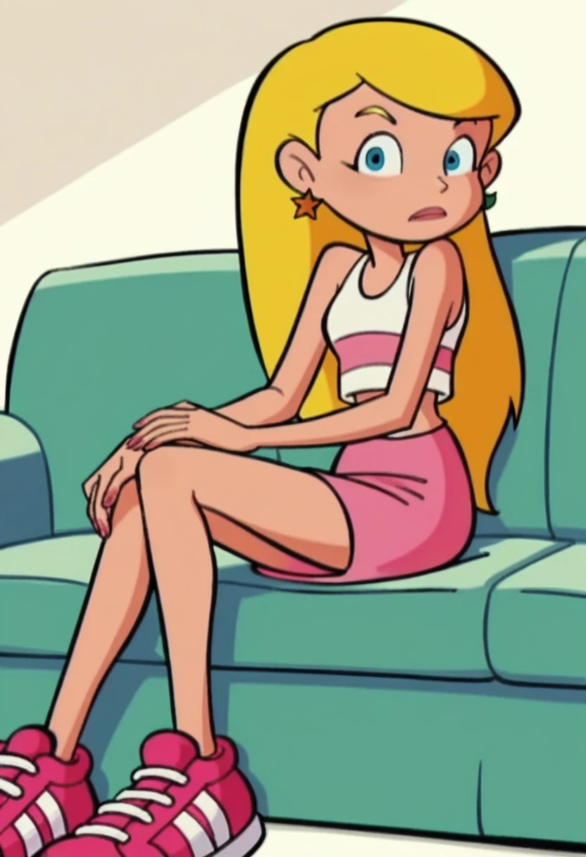 score_9, score_8_up, score_7_up, 
1girl, sabrina spellman, blonde hair, blue eyes, long hair, swept bangs,  earrings, mismatched earrings, looking at viewer, frown, sitting, on couch, head rest, pink sneakers,

white tank top, pink stripe, striped tank top, midriff, pink skirt, tight skirt,