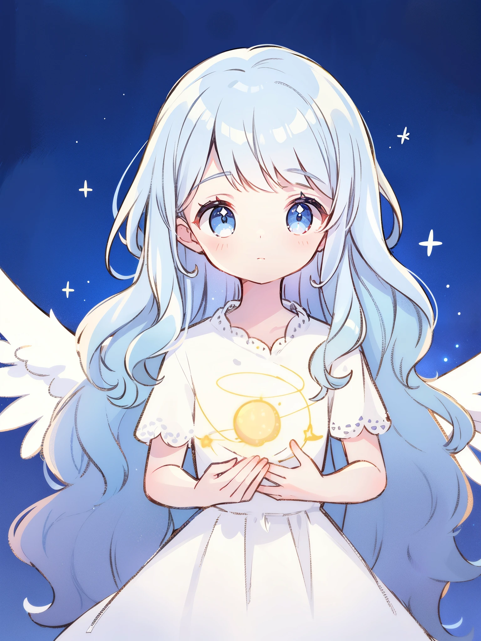 angel girl wearing an ethereal white dress made of feathers, pale skin, ((blue gradient wavy hair)), white feathers, angel wings, sparkling detailed eyes, golden ratio face, perfect composition, highly detailed, ethereal, (starry night sky background), midjourney style