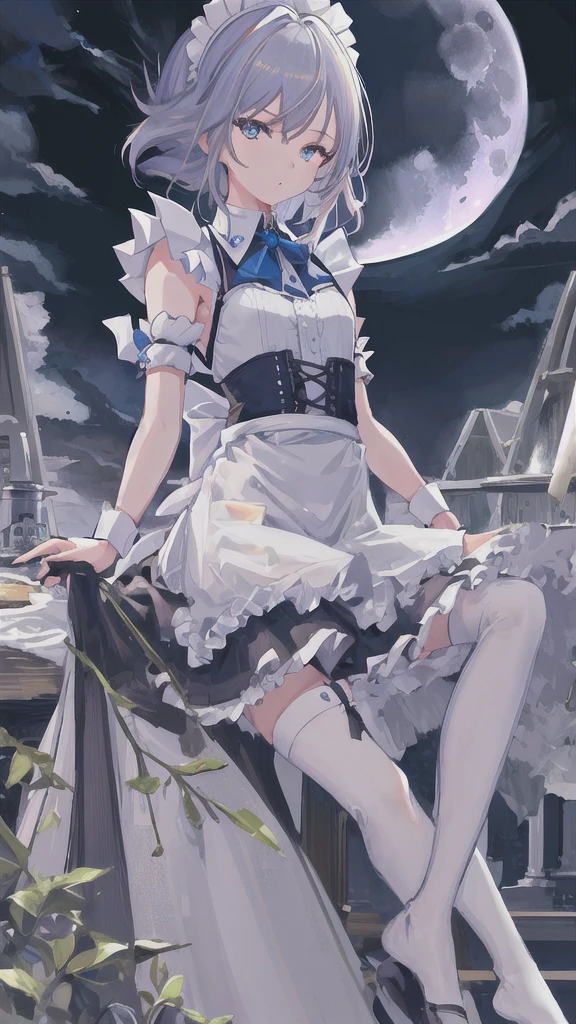 best quality, masterpiece, highres,1girl, full_moon
(best image quality), masterpiece,  Highest quality, High resolution,  One girl, alone, sakuya1,  Maid, Bachelor, Grey Hair, Medium chest, knife,blue eye