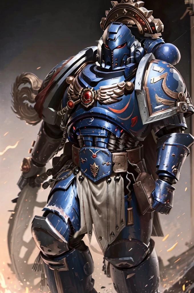 mature adult, illustration, of ultramarine, primaris, power armor, full armor, full metal armor, wearing intricate ornamented metal armor,   helmet,  glowing red eyes,
solo, (male:1.2), epic, full metal armor, captain armor, white pelvic curtain, bronze trimmings, tall stature, muscular, victirix helmet, 
((upper body:1.3)) focus, close-up,
