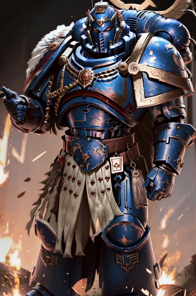 mature adult, illustration, of ultramarine, primaris, power armor, full armor, full metal armor, wearing intricate ornamented metal armor,   helmet,  glowing red eyes,
solo, (male:1.2), epic, full metal armor, captain armor, white pelvic curtain, bronze trimmings, tall stature, muscular, victirix helmet, 
((upper body:1.3)) focus, close-up,
