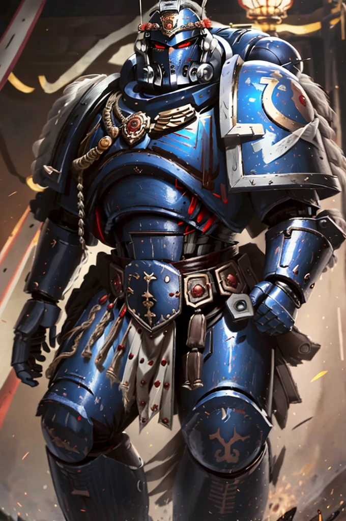 mature adult, illustration, of ultramarine, primaris, power armor, full armor, full metal armor, wearing intricate ornamented metal armor,   helmet,  glowing red eyes,
solo, (male:1.2), epic, full metal armor, captain armor, white pelvic curtain, bronze trimmings, tall stature, muscular, victirix helmet, 
((upper body:1.3)) focus, close-up,
