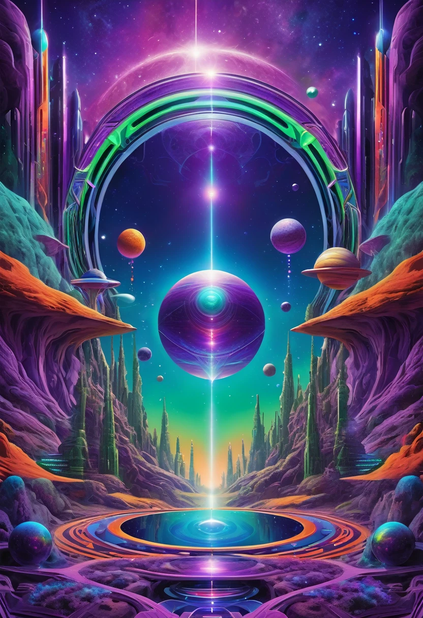 psychedelic out of reality mystical seen from the front, futuristic and geometric technology backdrop, spirit, dmr, md, mdma, thc intergalactic, other planets and mirror effects, colors, purple, green, blue and orange. electronic album cover