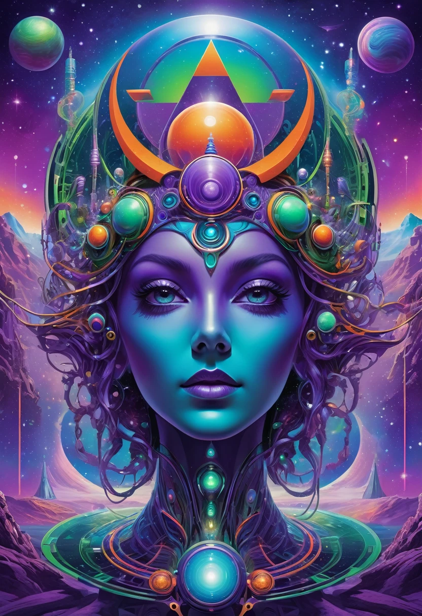 psychedelic out of reality mystical seen from the front, futuristic and geometric technology backdrop, spirit, dmr, md, mdma, thc intergalactic, other planets and mirror effects, colors, purple, green, blue and orange. electronic album cover