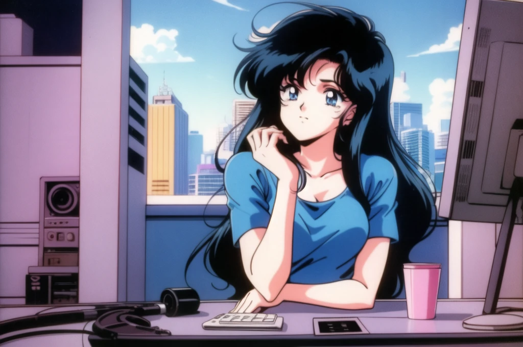 1990s (style), 1980s (style), anime girl, long black hair, retro computer, vaporwave aesthetic, 3/4 turn