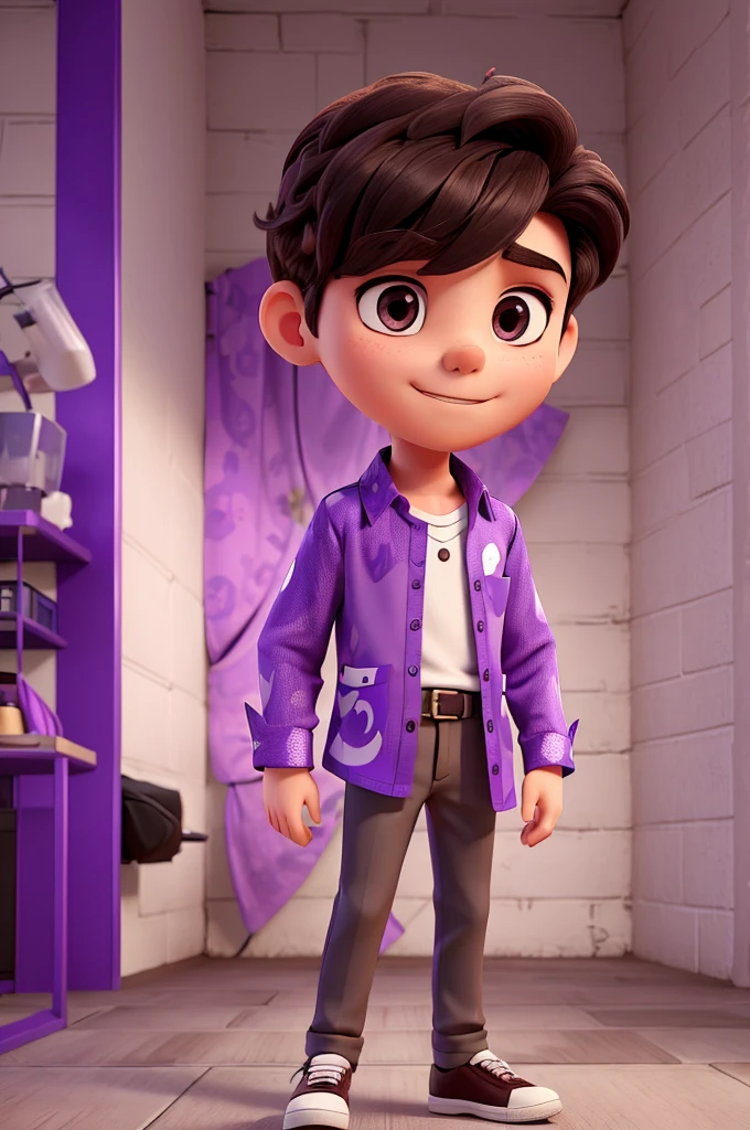 create an image of a young man who likes music wearing an open purple blouse and a white shirt with a purple music print, brown or black hair