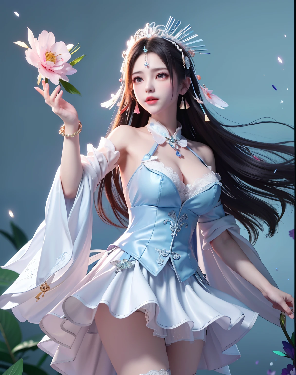 (8k, RAW photo:1.2), best quality, ultra high res,dramatic angle,(fluttered detailed color splashs), (illustration),(((1 girl))),(long hair),(rain:0.9), (Headdress:1.4),There is an ancient palace beside the girl,Hanfu,(Key Points),Color ink painting,(Splash of Color),Splash of Color,(((colorful))),(sketch:0.8) , Masterpiece, best quality, beautiful painted, highly detailed,(denoising:0.6),[splash ink],((ink refraction)), (beautiful detailed sky),moon,highly,detaild,(masterpiece, best quality, extremely detailed） CG Unity 8k Wallpaper，masterpiece，best quality，Ultra Detailed），（Lycoris）.shoulder ballet dress open V-chested clothes Thin silk lace dress short skirt , (huge ，cleavage),, white pink, blue ，best qualtiy，tmasterpiece，Ultra-high resolution，（Reality：1.4），RAW photogr，（True skin texture：1.3），（filmgrain：1.3），（Selfie angle），1个Giant Breast Girl，Beautiful eye and face details，tmasterpiece，Best quality at best，，The chest more exposed， detailed hair, bra pink , detail 8k, full body, lace pettico