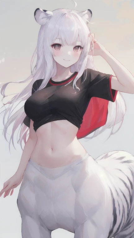 (best quality, masterpiece), 1 girl, centaur, It takes, White skin, Korean ,daughter,black pink,Smiling, exposing the abdomen, belly button t-shirt , 아름다운 소녀 Perfect wild white tiger photo, Perfect wild white tiger photo