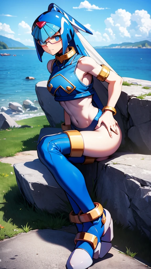 Leviathan_Megamanz, 1 Girl ,Looking at the viewer , blue hair, Blue eyes,Clouds background , Blushed , , Wedding ring, Glasses, Urinating on a rock