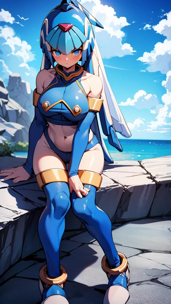 Leviathan_Megamanz, 1 Girl ,Looking at the viewer , blue hair, Blue eyes,Clouds background , Blushed , , Wedding ring, Glasses, Urinating on a rock 