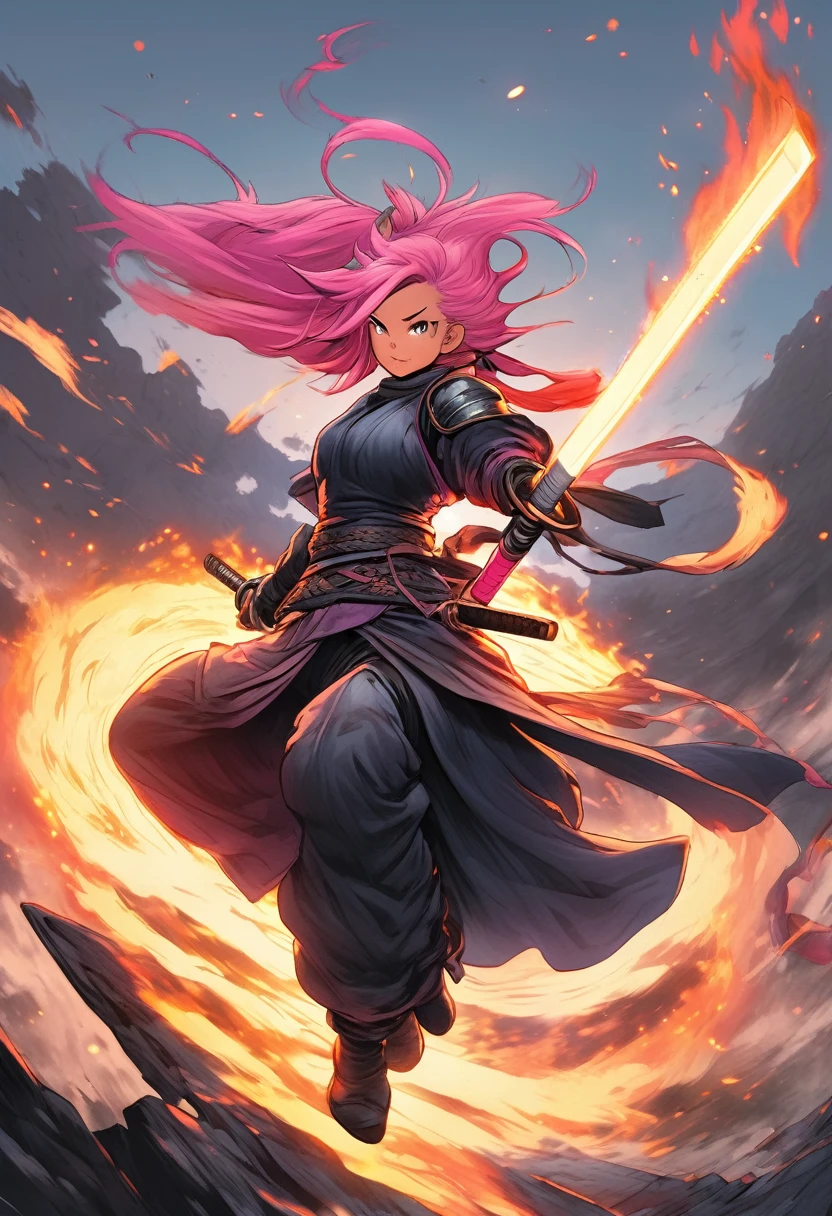 manga style, classical, art by akira toriyama, absurdres,1girl, gradient hair, pink hair, dark skinned,short Knight outfit,swinging a blazing fire katana,full body shot,detail medieval daungon backgroung
