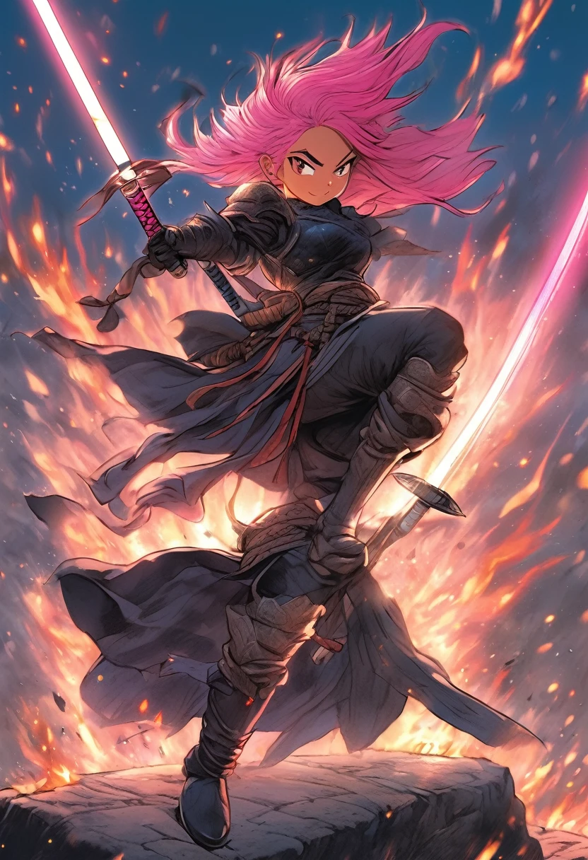 manga style, classical, art by akira toriyama, absurdres,1girl, gradient hair, pink hair, dark skinned,short Knight outfit,swinging a blazing fire katana,full body shot,detail medieval daungon backgroung 