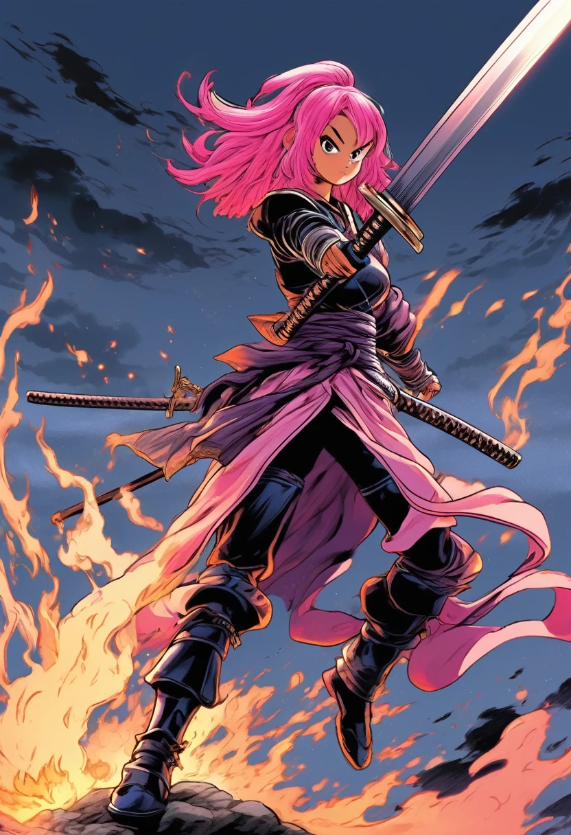 manga style, classical, art by akira toriyama, absurdres,1girl, gradient hair, pink hair, dark skinned,short Knight outfit,swinging a blazing fire katana,full body shot,detail medieval daungon backgroung