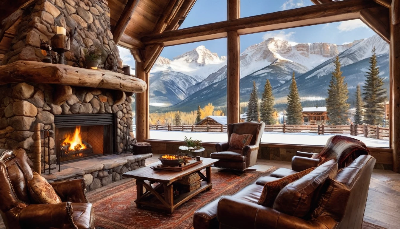 A quaint, snow-covered ski lodge nestled in the Rockies. The fire crackles in the fireplace, casting a warm glow over rustic wooden beams and comfy armchairs with a grand window that overlooked the snowy landscape. a rug near the fireplace, a dinner table next to the hearth room