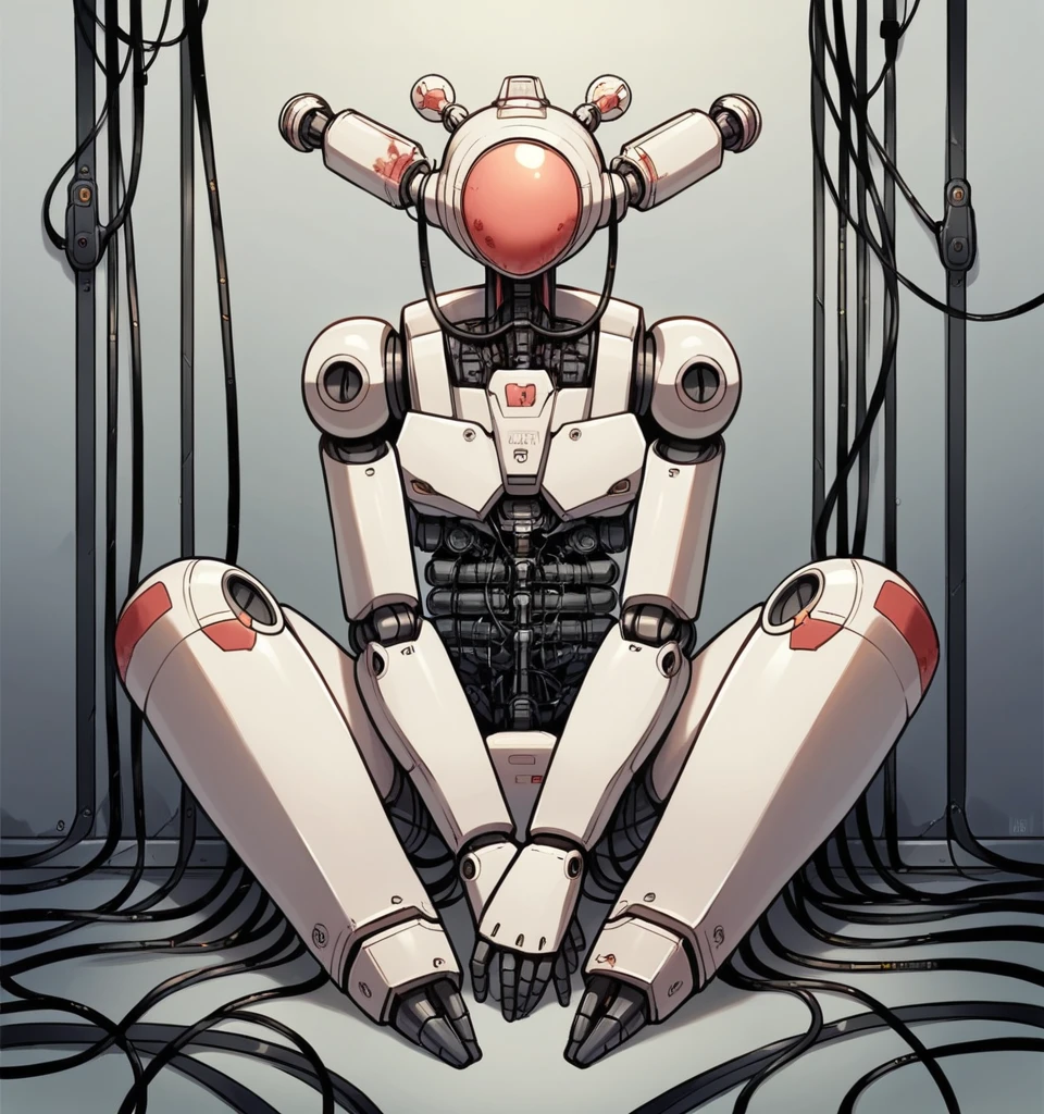 (((masterpiece))), (((best quality))), ((ultra-detailed)), (highly detailed CG illustration), ((an extremely delicate and beautiful)),(cute delicate face),cinematic light,((1mechanical girl)),solo,full body,(machine made joints:1.4),((machanical limbs)),(blood vessels connected to tubes),((mechanical vertebra attaching to back)),((mechanical cervial attaching to neck)),((sitting)),expressionless,(wires and cables attaching to head and body:1.5),(character focus),science fiction