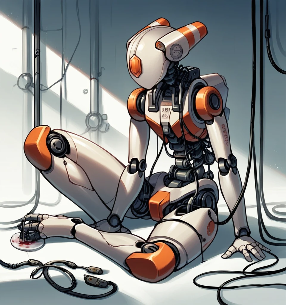 (((masterpiece))), (((best quality))), ((ultra-detailed)), (highly detailed CG illustration), ((an extremely delicate and beautiful)),(cute delicate face),cinematic light,((1mechanical girl)),solo,full body,(machine made joints:1.4),((machanical limbs)),(blood vessels connected to tubes),((mechanical vertebra attaching to back)),((mechanical cervial attaching to neck)),((sitting)),expressionless,(wires and cables attaching to head and body:1.5),(character focus),science fiction