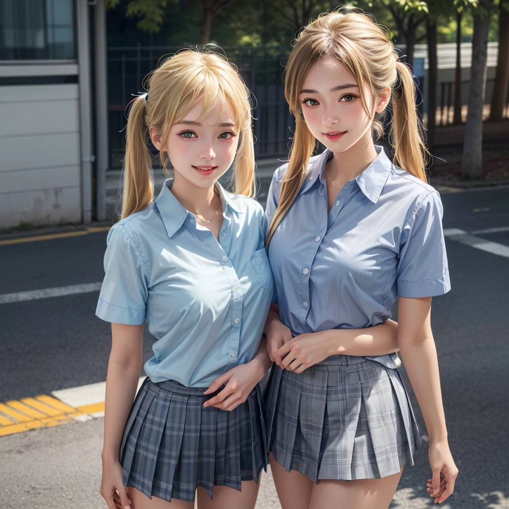 (masterpiece:1.3, Highest quality, Ultra-high resolution, Very detailed), (Realistic:1.1, photoRealistic:1.4), Beautiful illustrations, Perfect lighting, colorful, Written boundary depth, Beautiful detailsまでこだわった髪, Beautifully detailed face, Beautiful details, Beautiful clavicle, Beautiful body, Beautiful breasts, Beautiful thighs, Beautiful legs, Beautiful fingers, View your audience, 1 Girl, Japanese, high school girl, Perfect Face, (Perfect Anatomy, Anatomically correct), Cute and symmetrical face, Baby Face, Sunburn, Shiny skin, (Mid-length hair:1.5, Twin tails:1.2, blonde), Asymmetrical bangs, blue eyes, Long eyelashes, (Medium Chest), thin, ((Collared short-sleeved shirt, Light blue shirt, , Grey plaid pleated skirt, To the Navy)), No pants, (Beautiful views), evening, (Outdoor, distant cityscape), Are standing, (peace sign), (Cute Smile, 鬠红、Upward glance, Open your mouth), (Open Girl&#39;Cat:1.3), hour々squat:1.2,Put your finger in your pussy:1.5,((A large amount of pee is sprayed from the vagina)),(((Very few, Young face and breasts))),