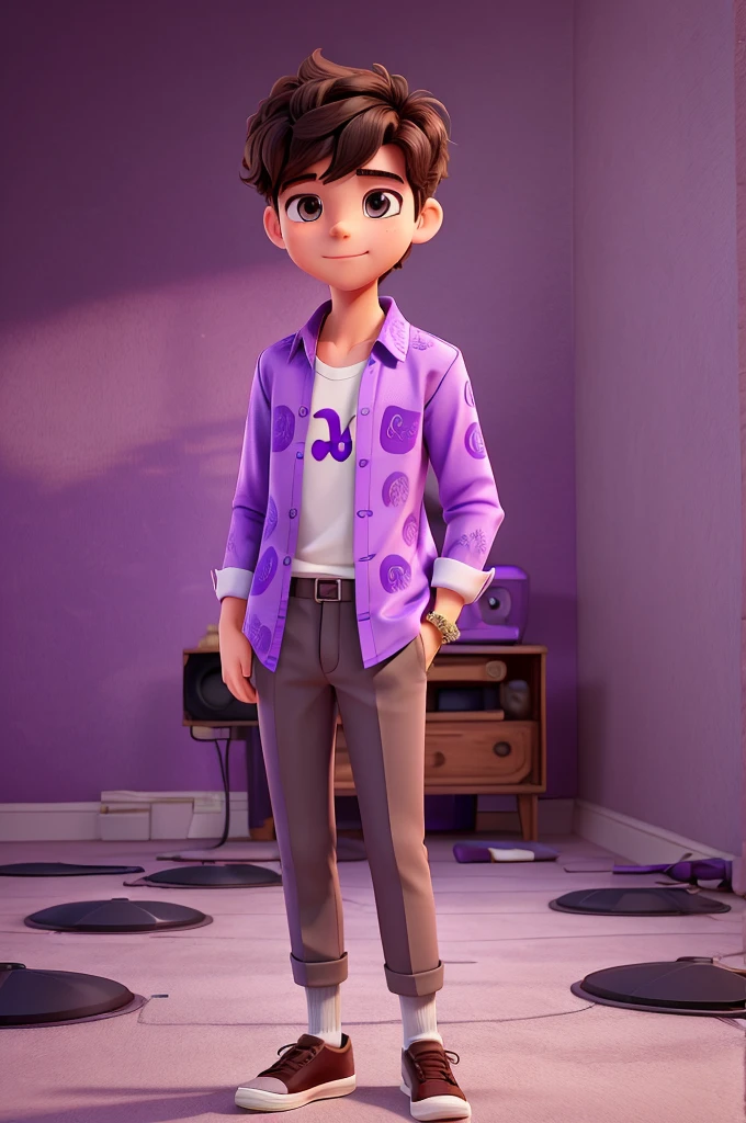 create an image of a young man who likes music wearing an open purple blouse and a white shirt with a purple music print, brown or black hair