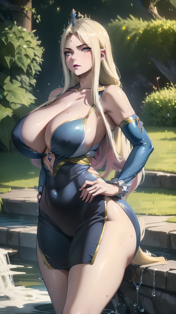 (best quality,4k,8k,highres,masterpiece:1.2),ultra-detailed,realistic face,long hair flowing,wet skin,feminine curves,elegant pose,subtle lighting,vivid color palette,soft focus,expressive eyes,lush garden background,playful atmosphere, Fairy tail mark on the right hand