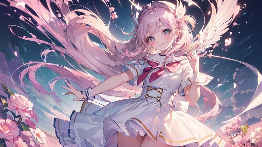 (((Highest quality、masterpiece、Ultra-fine、Ultra-fine、Exquisite、16K、Full HD,Asahi,high school girl,))) 、((Beautiful eyes)), Dark Eyes、Long eyelashes、White skin、(Pale pink lips、Pale pink cheeks、thin and long)、 ((cute)) ((One person)) 、((The best smile)) 、(Wide Shot、epic proportion)、