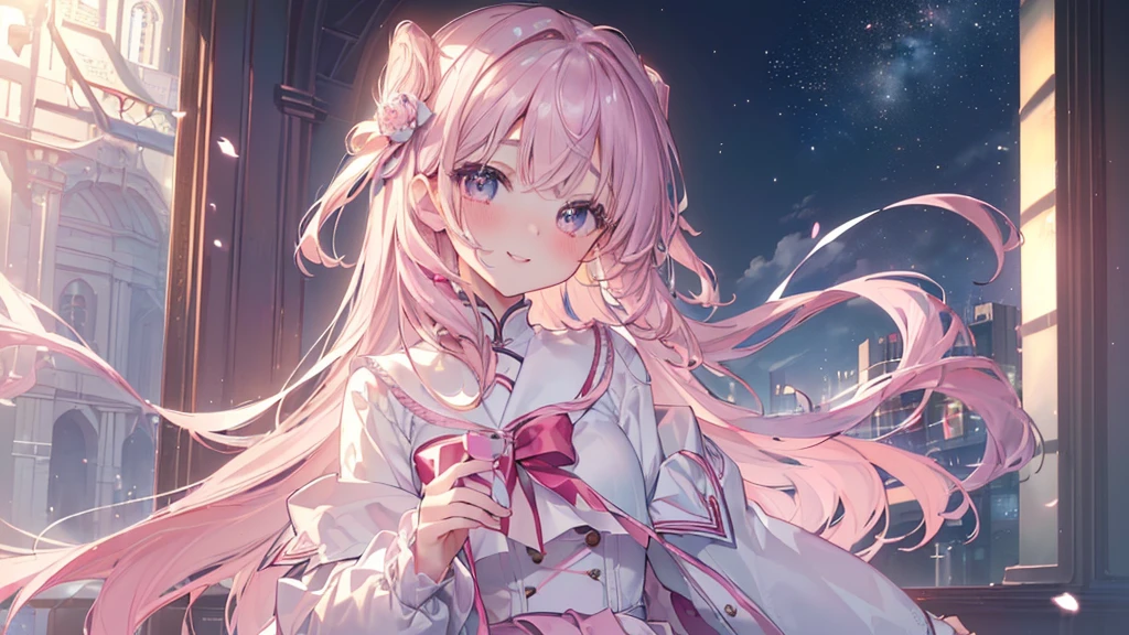 (((Highest quality、masterpiece、Ultra-fine、Ultra-fine、Exquisite、16K、Full HD,Asahi,high school girl,))) 、((Beautiful eyes)), Dark Eyes、Long eyelashes、White skin、(Pale pink lips、Pale pink cheeks、thin and long)、 ((cute)) ((One person)) 、((The best smile)) 、(Wide Shot、epic proportion)、