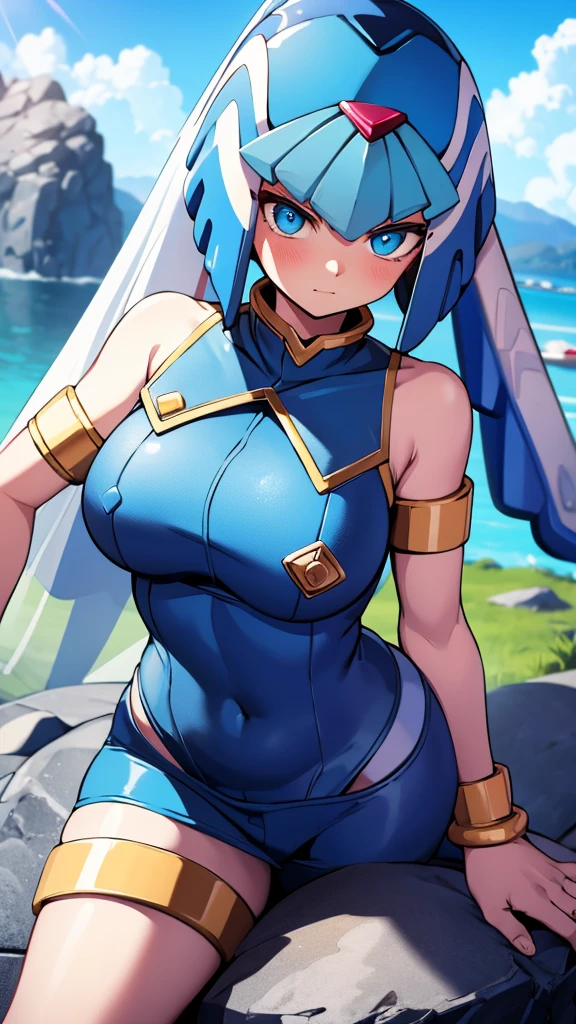 Leviathan_Megamanz, 1 Girl ,Looking at the viewer , blue hair, Blue eyes,Clouds background , Blushed , , Wedding ring, Glasses, Sitting on top of a rock, sensual gaze 