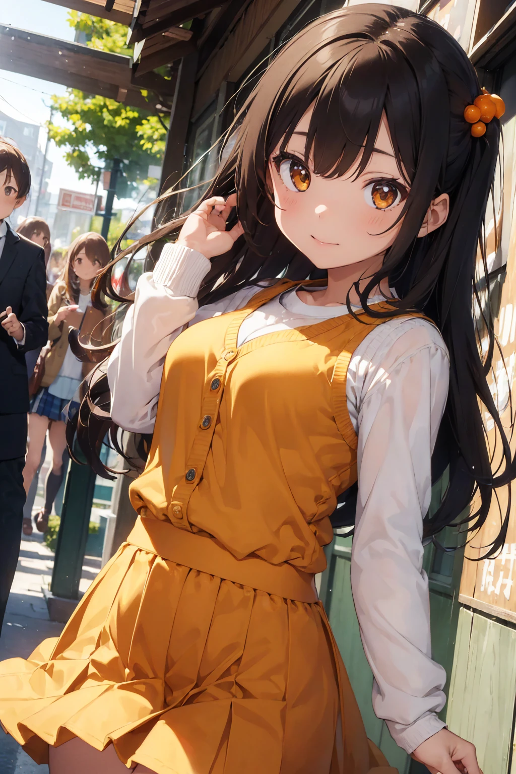 (masterpiece, Highest quality:1.2), One girl, alone,Are standing_Split, 
Yuki mandarin orange, Brown eyes, Brown Hair, hair ornaments,Long Hair,Green Check Skirt, Sainan High , , White shirt, Yellow sweater vest,No panties

