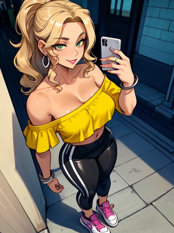 (4K quality), masterpiece, cinematic angle, (Best quality: 1.0), (Super High Resolution: 1.0), beautiful mature 36 year old woman, standing at approximately 5'1" tall, has neck-length hair, honey blonde hair, wavy hair, has tan-olive skin, green eyes, has a beautiful smile, ((slim, petite)), her breasts are C-cup, ((Is wearing a yellow off-shoulder top, glossy black leggings, silver hooped earrings, silver wedding ring, silver bracelets and white Nike sneakers)), is wearing pink makeup, is wearing red lipstick, she's holding a cell phone, she's standing in the streets of Los Angeles
