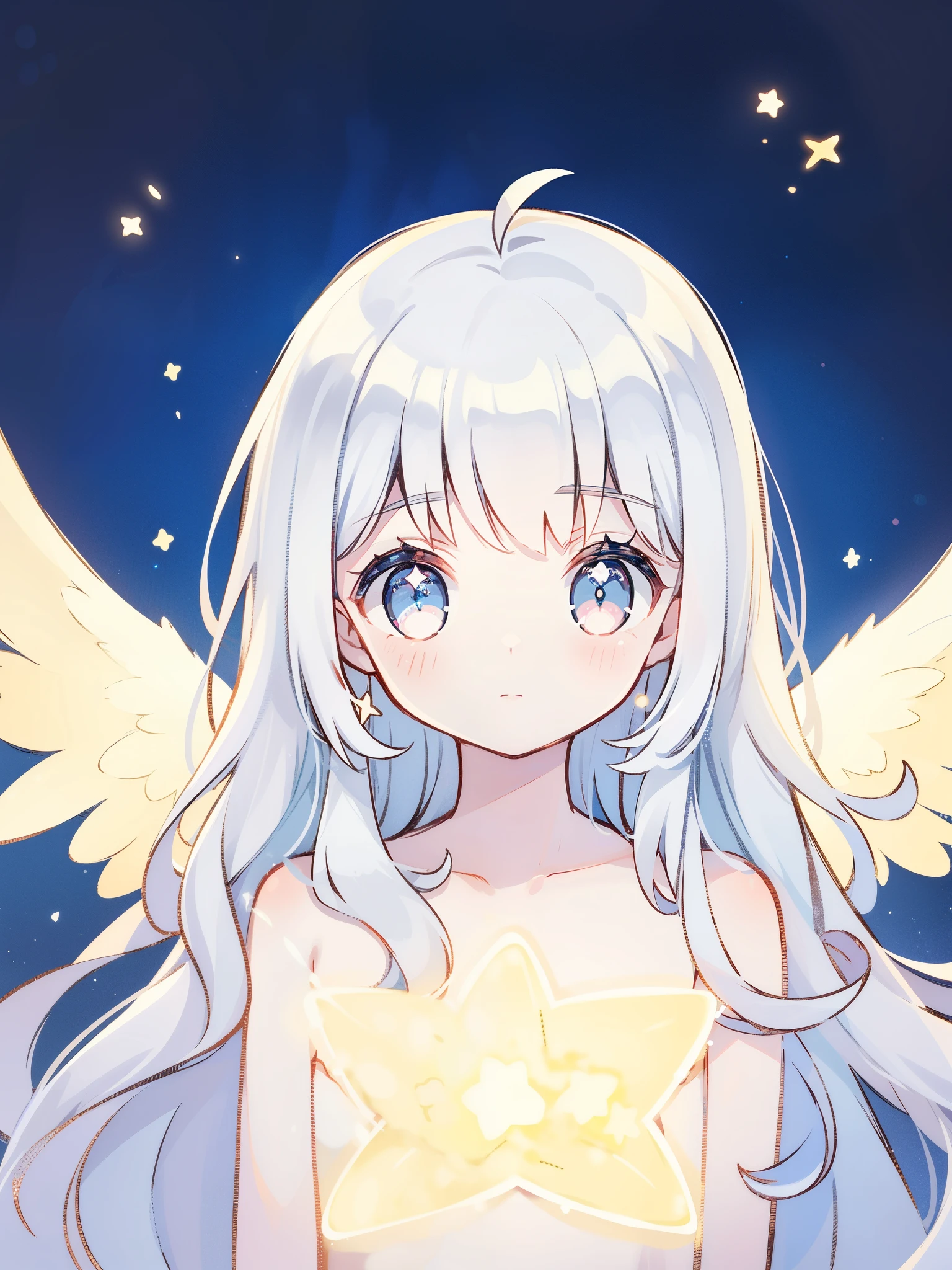 nude angel girl, pale skin, ((blue mint wavy hair)), white feathers, angel wings, sparkling detailed eyes, golden ratio face, perfect composition, highly detailed, ethereal, (starry night sky background), midjourney style