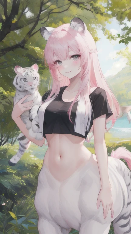 (best quality, masterpiece), 1 girl, centaur, It takes, White skin, Korean ,daughter,black pink,Smiling, exposing the abdomen, belly button t-shirt , 아름다운 소녀 Perfect wild white tiger photo, Perfect wild white tiger photo