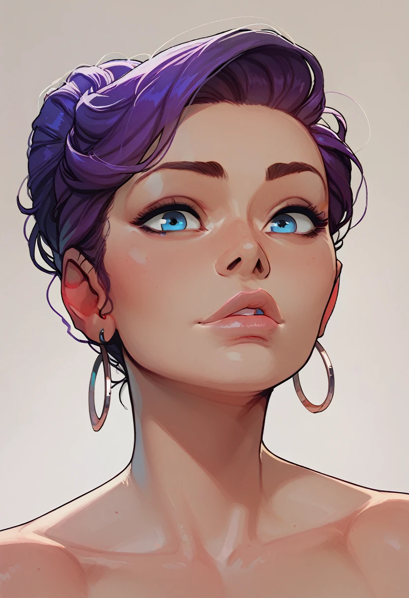 woman, best quality, highres, close view, solo, beautiful, short purple hair, blue eyes, huge perfect lips, sunny background