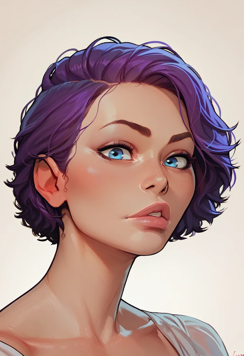 woman, best quality, highres, close view, solo, beautiful, short purple hair, blue eyes, huge perfect lips, sunny background