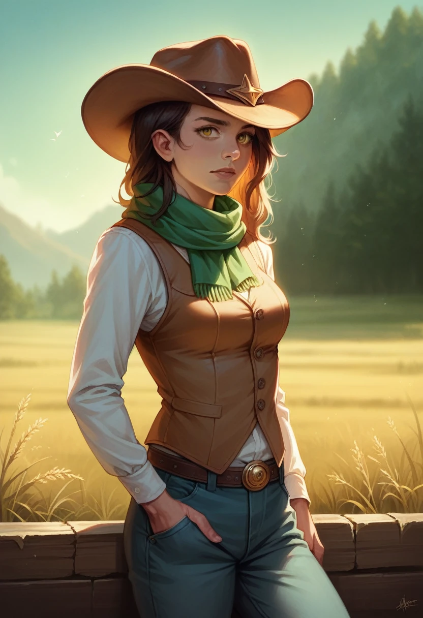a beautiful woman in a muddy farm, cowboy hat, fringe vest, pants, scarf, confident, medium bust, cinematic lighting, highly detailed, photorealistic, 8k, intricate details, warm color tones, dramatic shadows, natural scenery, rural landscape, golden hour