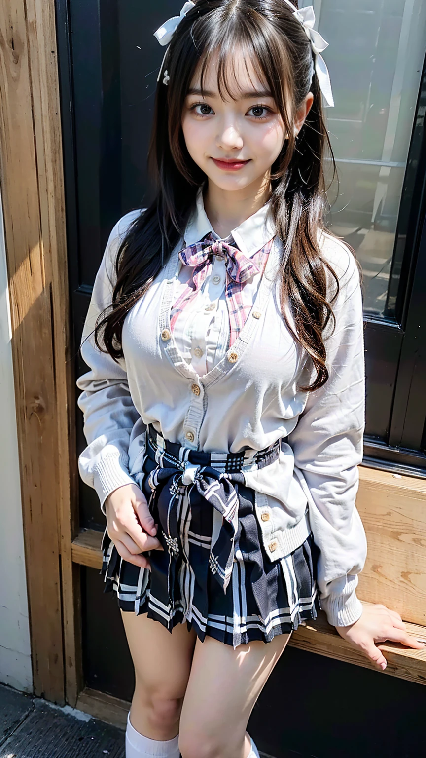(8K、RAW Photos、Highest quality、masterpiece:1.2)、(Realistic、Realistic)、1 Girl、(((high school girl:1.5)、((Uniform white shirt、Ribbon on chest、Checkered Pleated Skirt、exact cardigan)):1.2、Thin legs、whole body、View from the front、smile、Looking into the camera、Stand with hands on hips))、cute