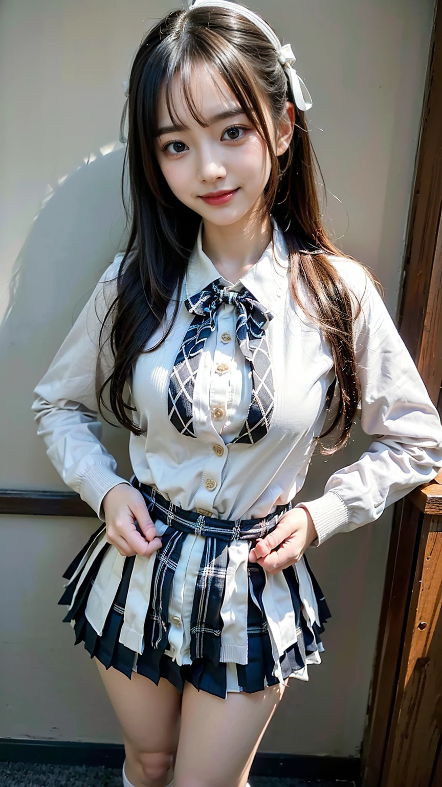 (8K、RAW Photos、Highest quality、masterpiece:1.2)、(Realistic、Realistic)、1 Girl、(((high school girl:1.5)、((Uniform white shirt、Ribbon on chest、Checkered Pleated Skirt、exact cardigan)):1.2、Thin legs、whole body、View from the front、smile、Looking into the camera、Stand with hands on hips))、cute