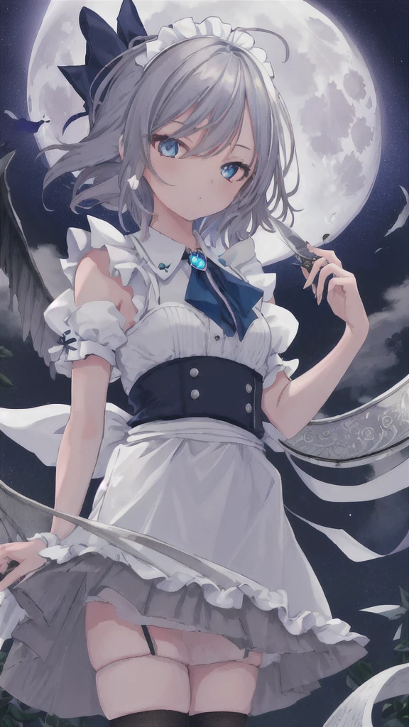 best quality, masterpiece, highres,1girl, full_moon
(best image quality), masterpiece,  Highest quality, High resolution,  One girl, alone, sakuya1,  Maid, Bachelor, Grey Hair, Medium chest, knife,blue eye