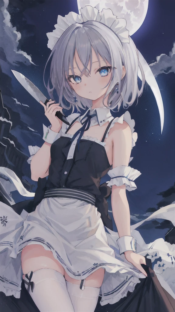 best quality, masterpiece, highres,1girl, full_moon
(best image quality), masterpiece,  Highest quality, High resolution,  One girl, alone, sakuya1,  Maid, Bachelor, Grey Hair, Medium chest, knife,blue eye