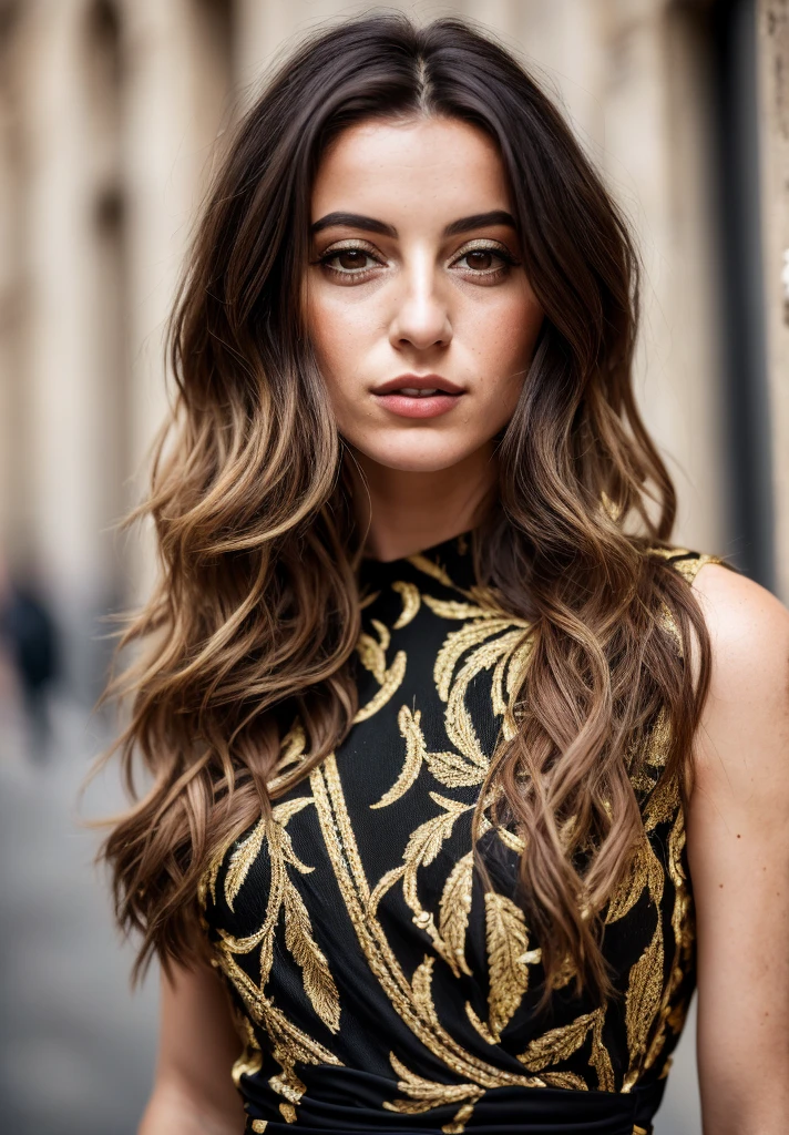 photo of an ITALIAN woman, WITH ITALIAN BOB HAIR wearing a black and gold dress, chestnut hair, (8k hd:1.1), (Film grain:1.1), (CRU photo:1.1), Full resolution, highly detailed skin, detailed hair, dslr, sharp focus, High definition, photography hight quality, intricate