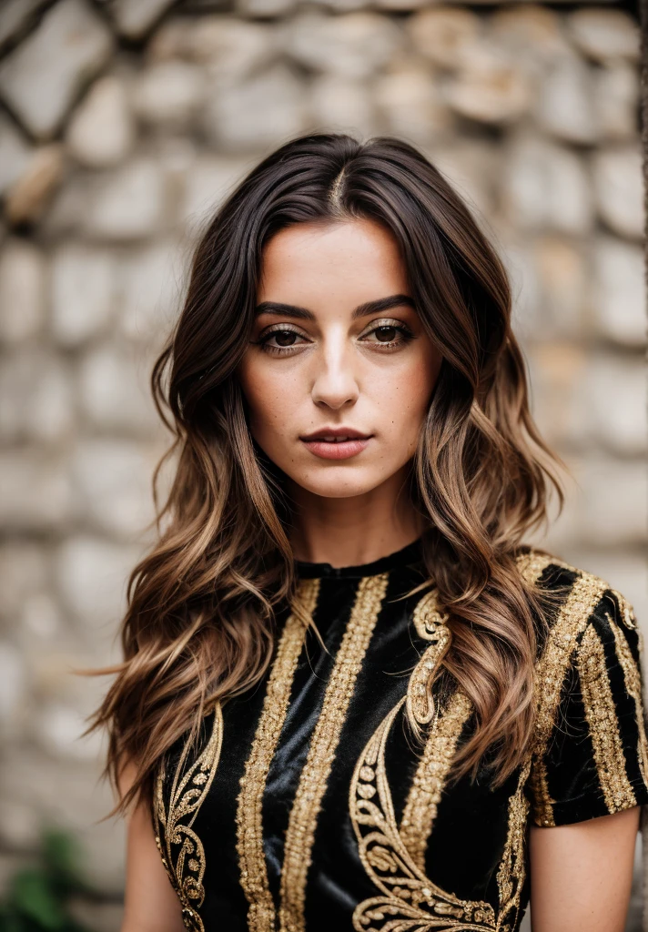 photo of an ITALIAN woman, WITH ITALIAN BOB HAIR wearing a black and gold dress, chestnut hair, (8k hd:1.1), (Film grain:1.1), (CRU photo:1.1), Full resolution, highly detailed skin, detailed hair, dslr, sharp focus, High definition, photography hight quality, intricate