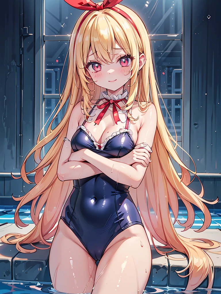 (RED Ribbon on HAIRband:1.2),aikatsu,masterpiece, best quality, ((beautiful detailed eyes):1.3),  old, RED eyes, Blonde hair,Straight hair, leg hair ribbon, RED headband,large_boob, ((tight brilliant shiny competition swimsuit:1.2, plunking neckline, plunking navel, cleavage)), ((extremely delicate and beautiful fabric):1.3), looking at viewer, ((gravure pose, crossed arms, under breasts)), seductive_orgasm smile, blush, slender, slim, (indoor pool, pool lane, swimming pool, competition pool, pool starting block, swimming building, water, water surface, daytime, window, sunlight, (in the pool):1.2), very clear, ((masterpiece, best quality, ultra-detailed):1.5), ((an extremely delicate and beautiful)), ((((illustration)))), (realistic:0.6), (extremely detailed skin), ((ultra-detailed:1.35)), (detailed fingers, absurdres, intricate, (1girl), ((solo)), ((glistening skin)), (((oily skin))), ((wet skin)),