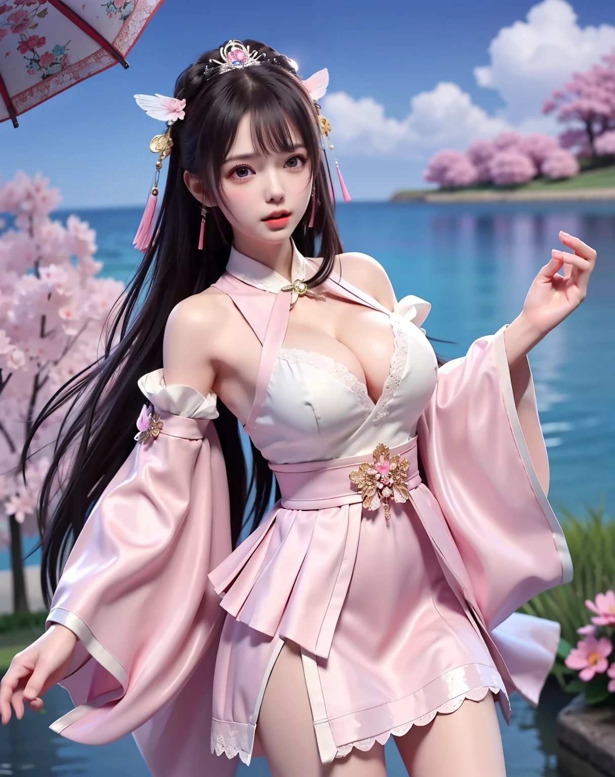 (8k, RAW photo:1.2), best quality, ultra high res,dramatic angle,(fluttered detailed color splashs), (illustration),(((1 girl))),(long hair),(rain:0.9), (Headdress:1.4),There is an ancient palace beside the girl,Hanfu,(Key Points),Color ink painting,(Splash of Color),Splash of Color,(((colorful))),(sketch:0.8) , Masterpiece, best quality, beautiful painted, highly detailed,(denoising:0.6),[splash ink],((ink refraction)), (beautiful detailed sky),moon,highly,detaild,(masterpiece, best quality, extremely detailed） CG Unity 8k Wallpaper，masterpiece，best quality，Ultra Detailed），（Lycoris）.shoulder ballet dress open V-chested clothes Thin silk lace dress short skirt , (huge ，cleavage),, white pink, blue ，best qualtiy，tmasterpiece，Ultra-high resolution，（Reality：1.4），RAW photogr，（True skin texture：1.3），（filmgrain：1.3），（Selfie angle），1个Giant Breast Girl，Beautiful eye and face details，tmasterpiece，Best quality at best，，The chest more exposed， detailed hair, bra pink , detail 8k, full body, lace petticoat