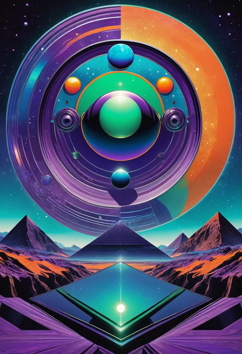 psychedelic out of reality mystical seen from the front, futuristic and geometric technology backdrop, spirit, dmr, md, mdma, thc intergalactic, other planets and mirror effects, colors, purple, green, blue and orange. electronic album cover