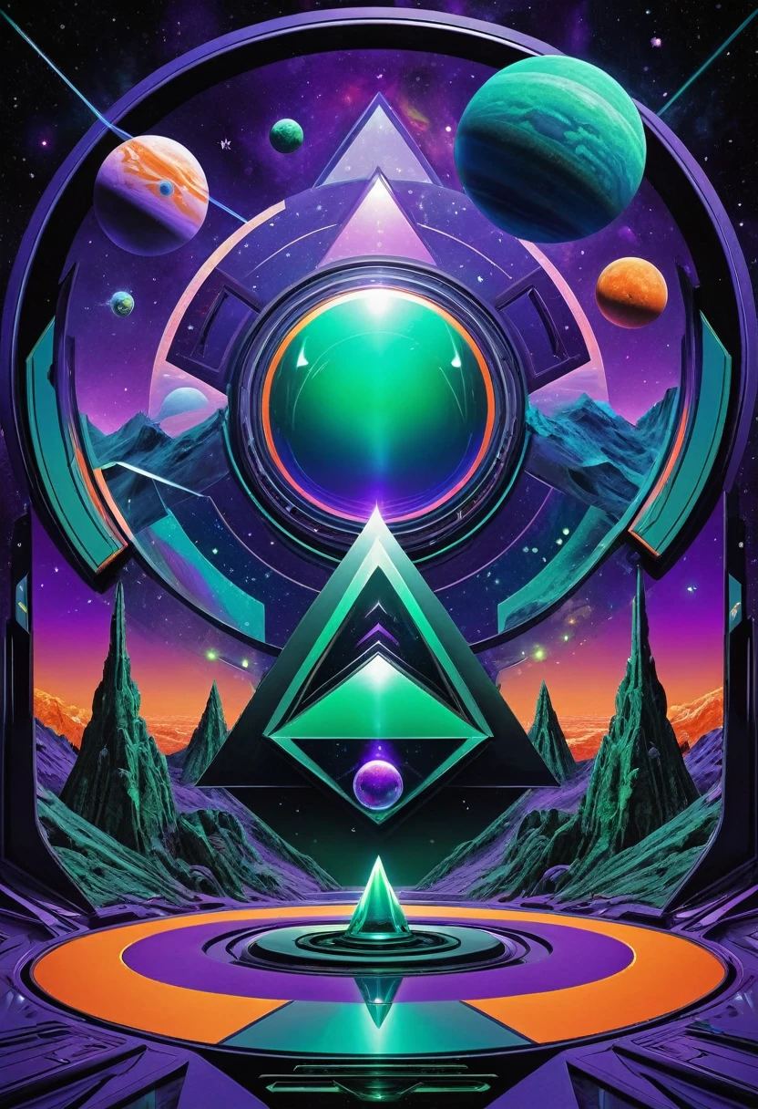 psychedelic out of reality mystical seen from the front, futuristic and geometric technology backdrop, spirit, dmr, md, mdma, thc intergalactic, other planets and mirror effects, colors, purple, green, blue and orange. electronic album cover