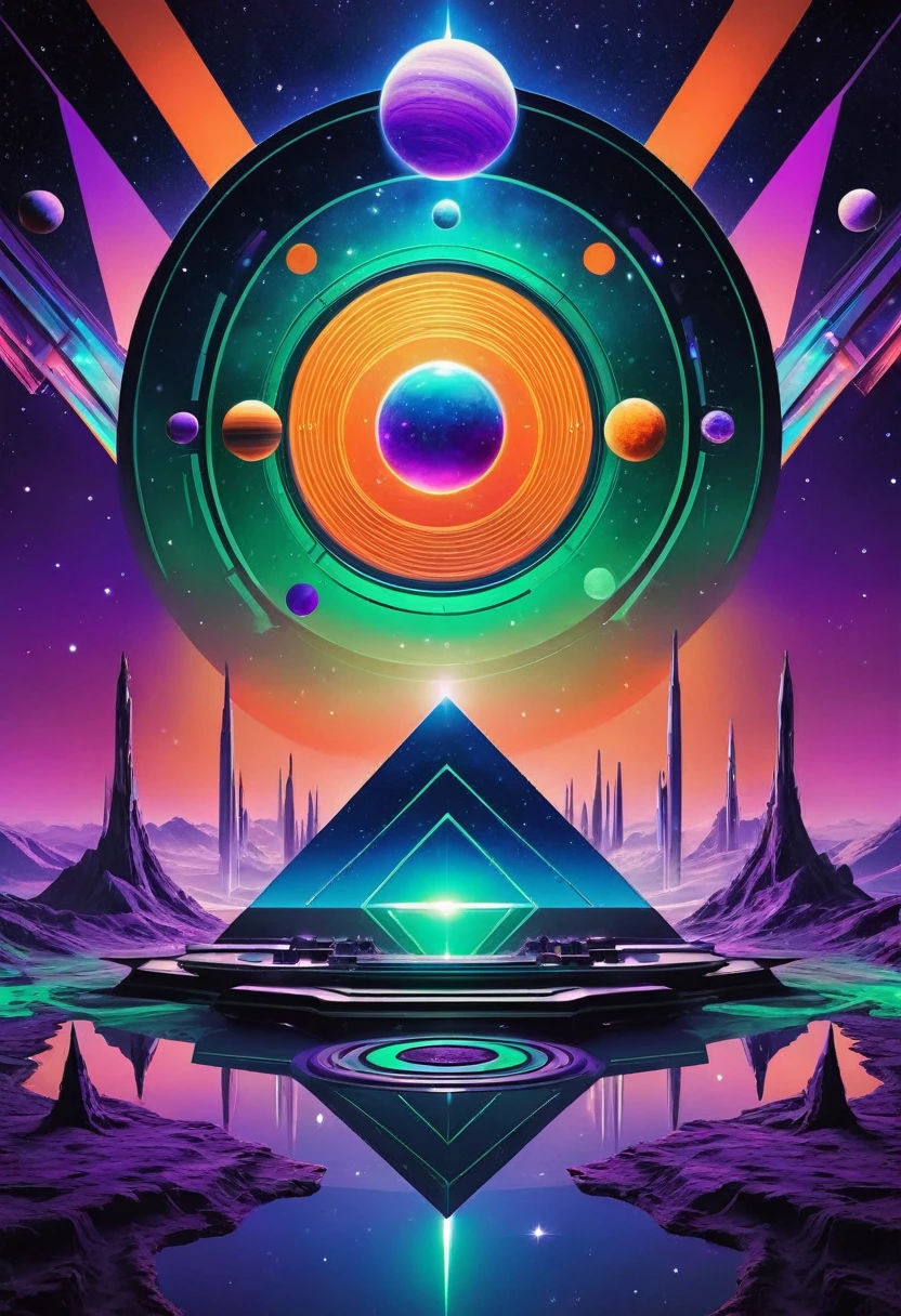 psychedelic out of reality mystical seen from the front, futuristic and geometric technology backdrop, spirit, dmr, md, mdma, thc intergalactic, other planets and mirror effects, colors, purple, green, blue and orange. electronic album cover