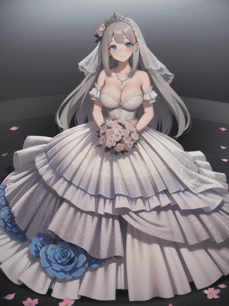 lexington (warship girls r), ((Masterpiece)), (((Best quality))), ((Ultra-detailed)), ((illustration)), ((Disheveled hair)), ((frilld)), (1 girl), (Solo)，(Wedding princess dress:1.2)，posterior view，bblurry，depth of fields，blur backgroun，blur foreground，mitts，whitegloves，motionblur，photore_\（curly\），alternative costume, Dark gray hair, Blue eyes, blueflower, Blue rose, Blush, Bouquet, Breasts, Bridal veil, Bugs, Butterfly, choker necklace, cleavage, Clothing, crown, dress, Female, flower, frill dress, frilld, full body, mitts, headdress, Headwear, insect, jewelry, Large breasts, Long hair, necklace, petals, Rose, Smile, head gear, light yarn,