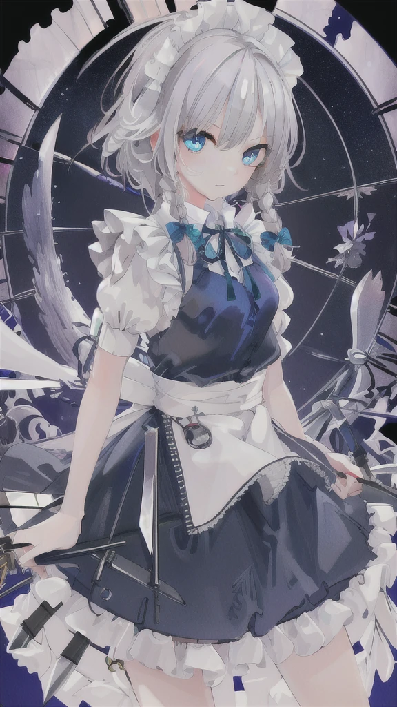 best quality, masterpiece, highres,1girl, full_moon
(best image quality), masterpiece, Highest quality, High resolution, One girl, alone, sakuya1, Maid, Bachelor, Grey Hair, Medium chest, knife,blue eye